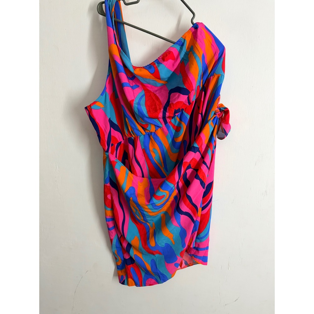 Shein Curve 4XL One Shoulder Mini Dress Psychedelic Swirl Retro Vacay Pink Blue
